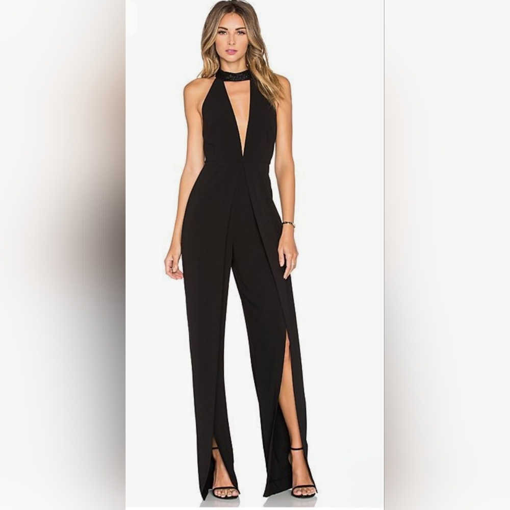 Halston Y2K Retro '70s Beaded Choker Neckline Mob Wife Jumpsuit Size 10